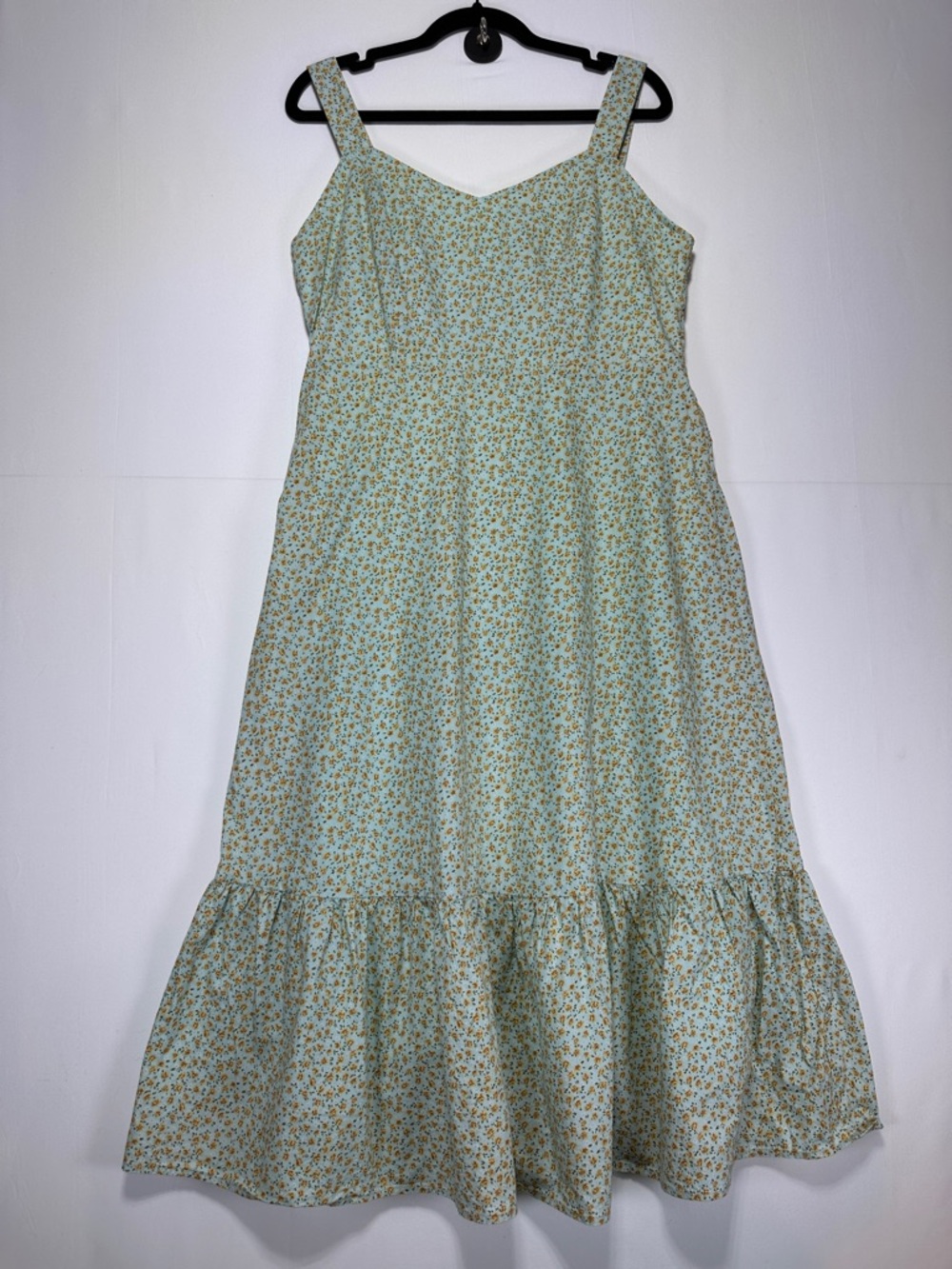Pink Martini Floral Cotton Midi Dress Mint Green Ruffle Hem Cottagecore Size L